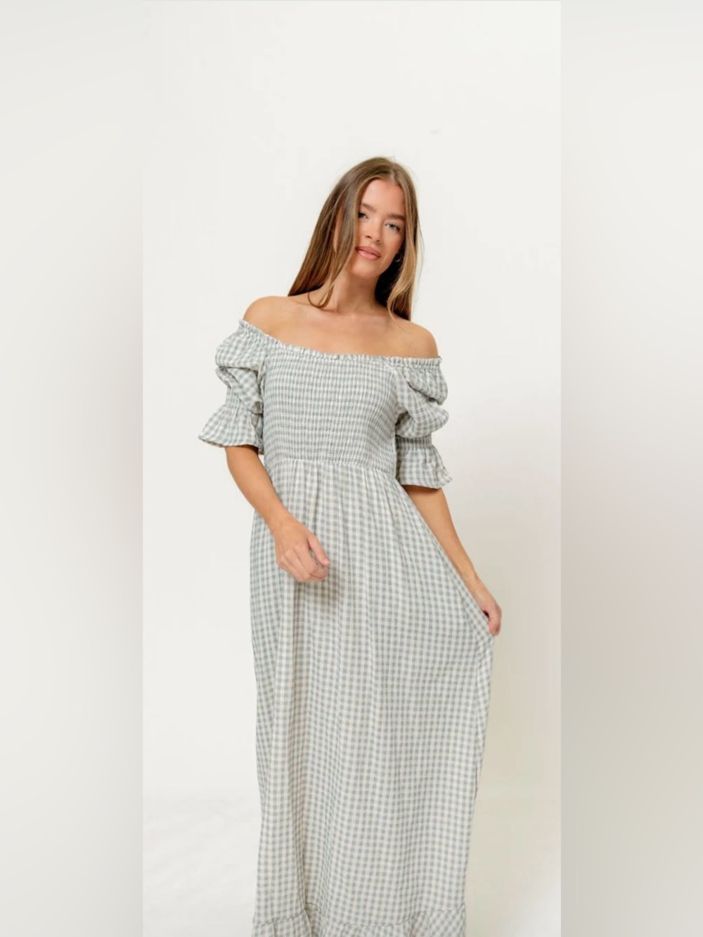 Sienna 100% cotton puff sleeve Off-Shoulder Gingham Maxi Dress